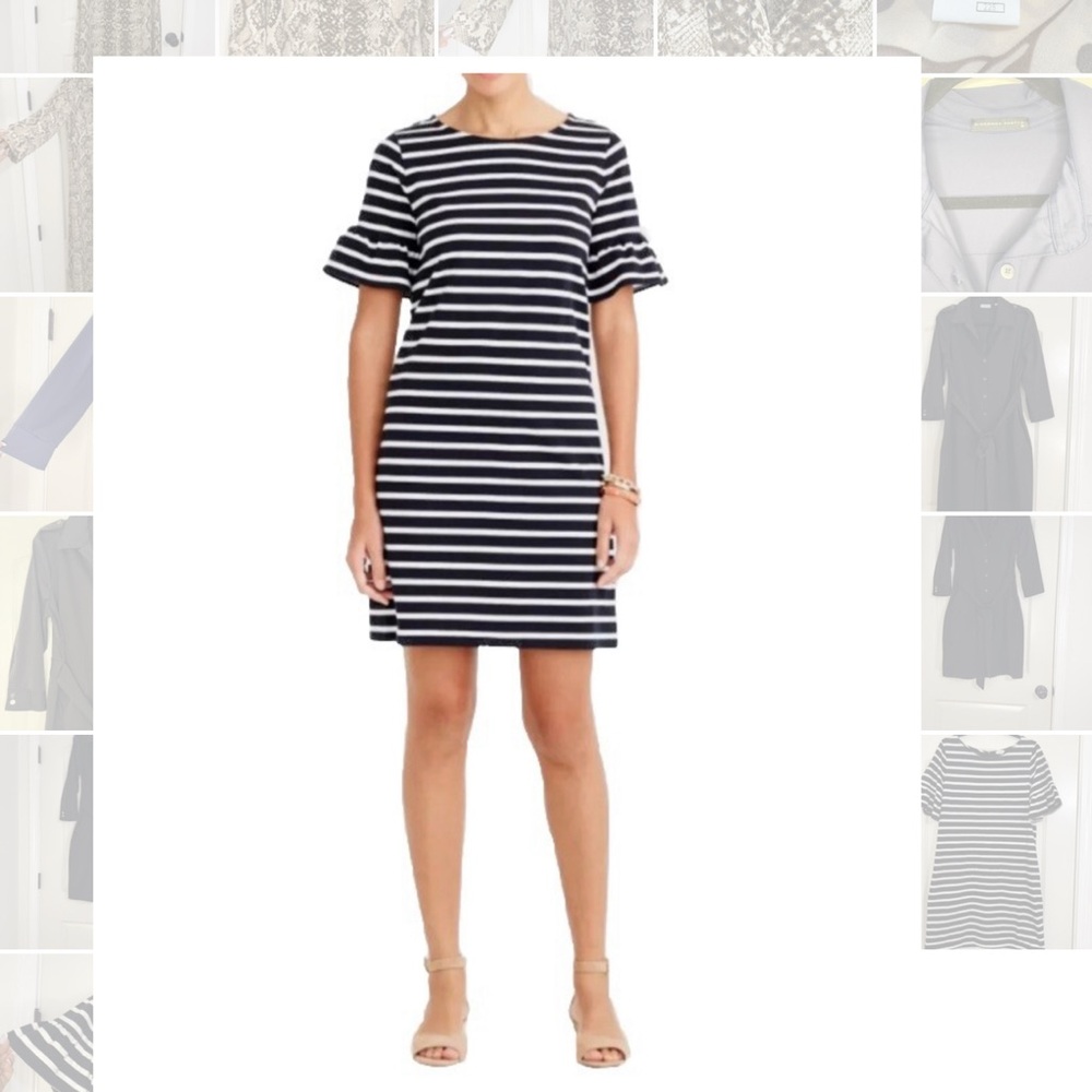 J. Crew Blue and White Sheath Dress with Flutter Sleeves